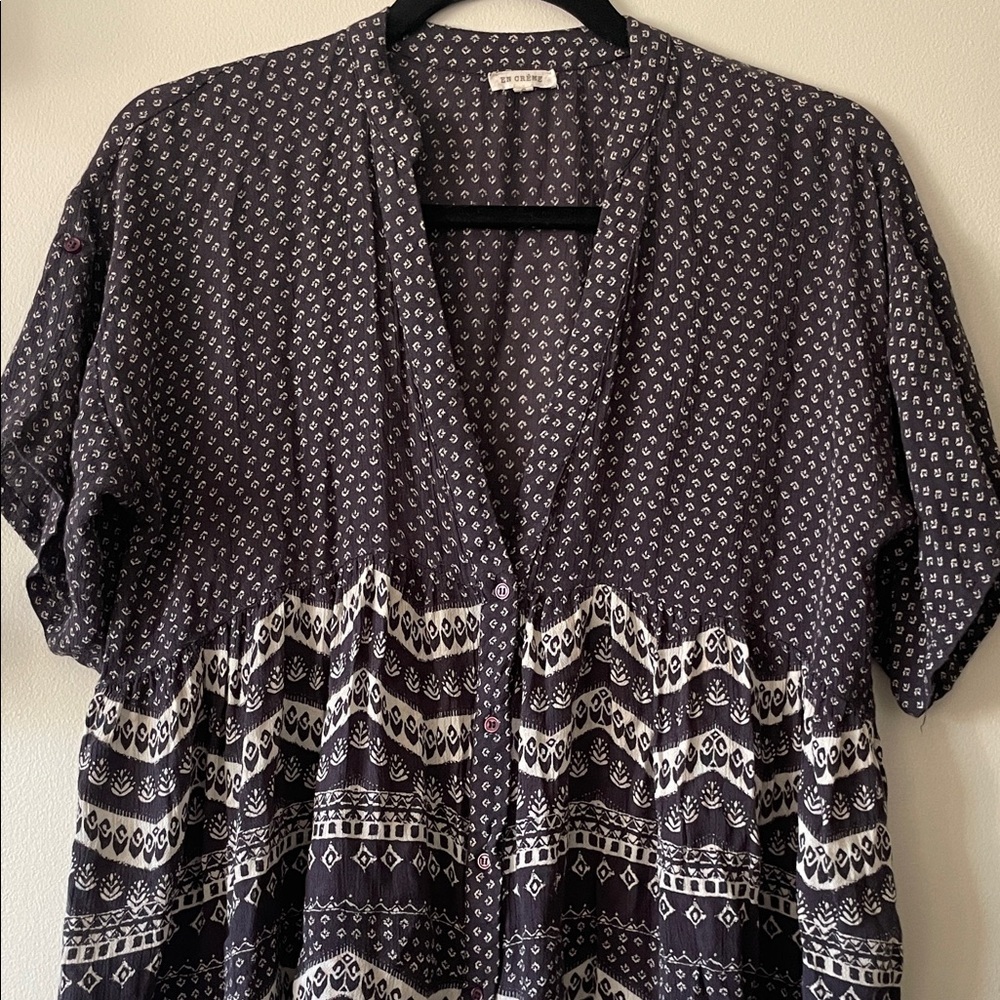 En Créme|Printed high low Blouse|Blue white|Small|EUC - Picture 3 of 12